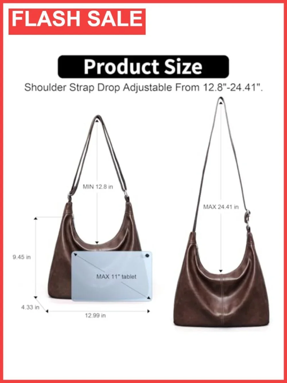 Vegan Leather Hobo Shoulder Bag Slouchy Tote with Zipper